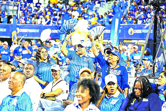 PLP supporters gathered at the National Beach Soccer Stadium at the foot of Sir Sidney Poitier Bridge to hear from the PLP at a mass rally on April 20, 2026. Photo: Chappell Whyms Jr
