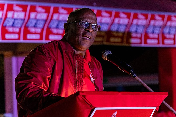 FNM leader Michael Pintard speaks during a rally in Mangrove Cay, Andros on April 22, 2026.