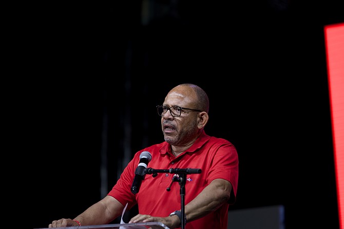 FNM Chairman Duane Sands speaks at a rally in Carmichael on April 14, 2026. Photo: Chappell Whyms Jr