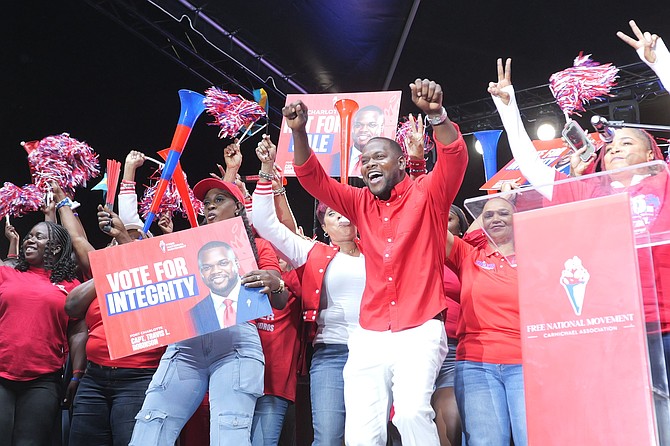 FNM candidate Travis Robinson at a mass rally on April 28, 2026. Photo: Chappell Whyms Jr