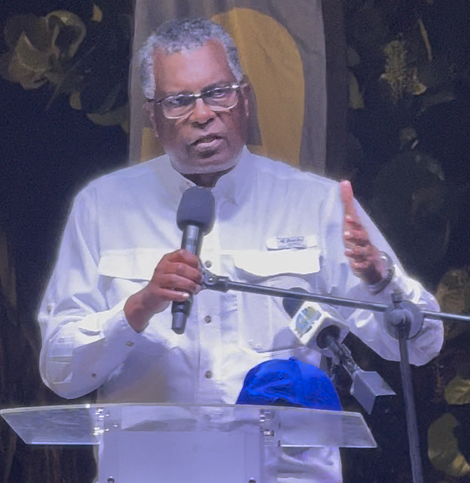 PLP Chairman Fred Mitchell speaks at a rally in Bimini on May 2, 2026.