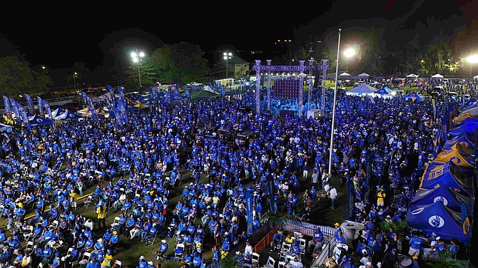 A drone view of the PLP's mass rally at Clifford Park on Saturday night.