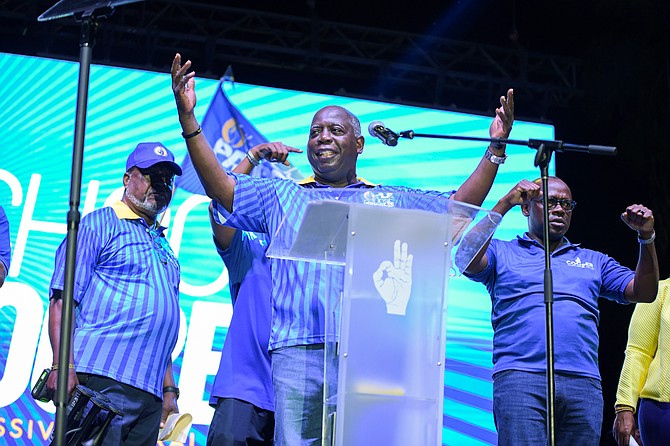 PRIME Minister Philip ‘Brave’ Davis speaks at final rally before the general election at Montagu Park on May 11, 2026. Photo: Shawn Hanna