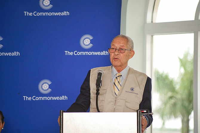 Former Prime Minister of Jamaica Bruce Golding speaks during a press conference at the British Colonial Hilton on May 14, 2026. Photo: Nikia Charlton