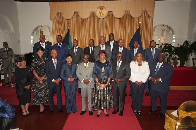 Newly appointed ministers and state ministers during a swearing-in ceremony at Government House on May 16, 2026.