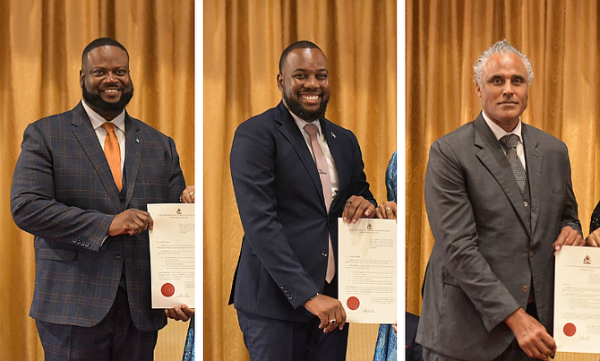 Clint Watson, Latrae Rahming, and Rick Fox receiving their instruments of appointment at Government House on May 18, 2026. Photos Shawn Hanna