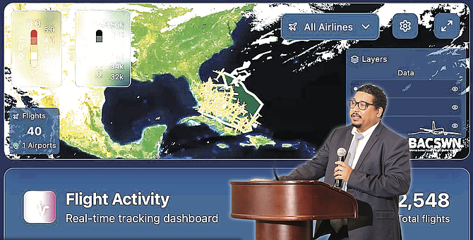 Quincy Rolle, President and CEO of Tribune Digital Labs, presents the BACSWN platform to the panel. As chief project developer, he explained how the system uses real-time weather data delivered to flight decks to help airlines cut fuel consumption and therefore lower carbon emissions.