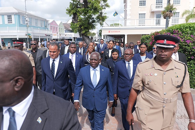 The Davis administration walks to the House of Assembly for the 2026 Budget Communication on May 27, 2026. Photo: Chappell Whyms Jr