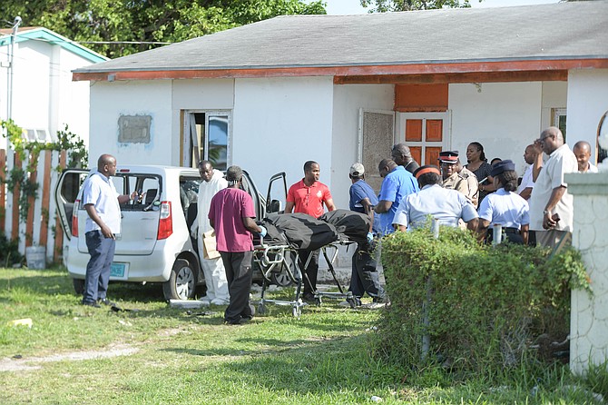 THE BODY of a man in his early 20s, who was wearing a monitoring device for ‘a serious offence’ is taken from the scene in Elizabeth Estates where the victim and a woman were shot on May 28, 2026. Photo: Shawn Hanna