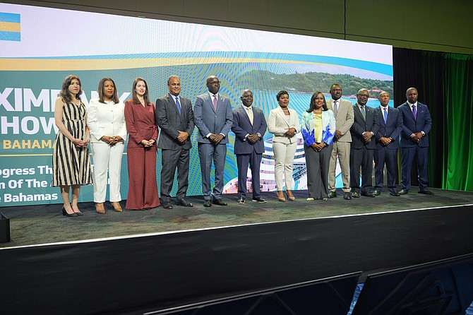 PRIME Minister Philip ‘Brave’ Davis (centre) pictured with Okechukwu Ihejirika, chief operating officer of Afreximbank’s Caribbean Office, as The Bahamas govt seeks financing approval for a proposed hotel from Afreximbank. Photo: Nikia Charlton