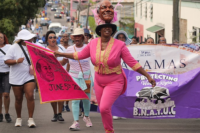 BAHAMAS Uniont of Teachers president Belinda Wilson leads members during the Labour Day March on Friday. Photo: Nikia Charlton