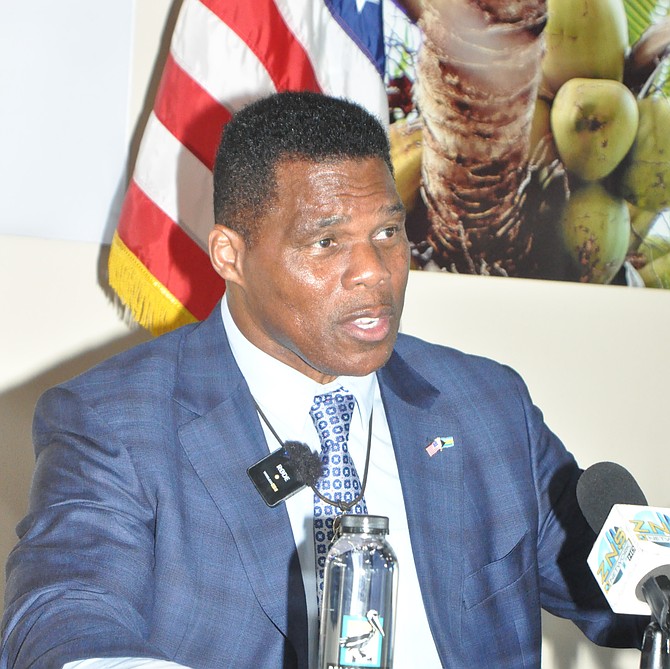US Ambassador to The Bahamas Herschel Walker speaks at a press conference in Grand Bahama on June 11, 2026. Photo: Vandyke Hepburn
