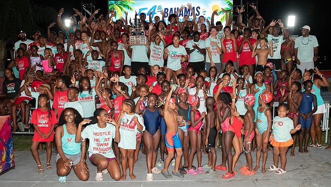 MAKO Aquatics celebrates winning their eighth straight Bahamas Aquatics National Swimming Championship at the Betty Kelly Kenning Swim Complex.