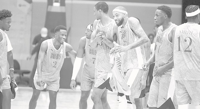 Team Bahamas players celebrate their 123-74 rout over Jamaica on Friday July 3rd 2026 during the final window of the first round of the FIBA
Americas 2027 World Cup Qualifying Tournament at the Kendal Isaacs Gymnasium.
