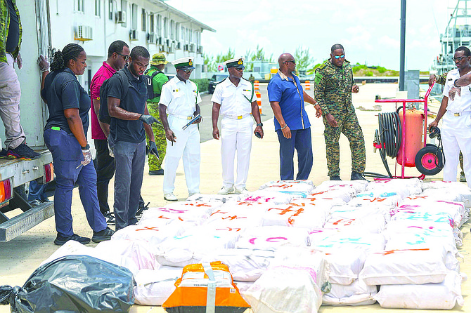 In a joint operation with the US Coast Guard and the RBDF a boat was intercepted carrying a large amount of marijuana worth
an estimated $5.9m. Three Bahamian men were detained during the operation. Photo: Shawn Hanna