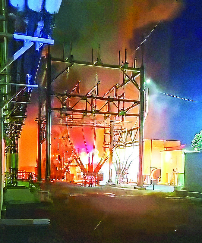 Screen capture shows flames coming from a 15MVA transformer at BPL’s Blue
Hills Substation July 30th, 2026 which led to an island-wide blackout