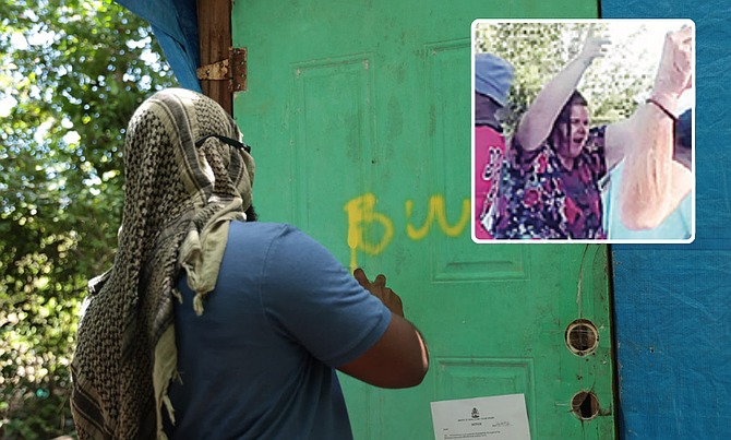Members of the Unregulated Communities Action Task Force returned to Spanish Wells last week. Dominique Pinder (inset) as she protested demolition of shanty buildings on January 14, 2026.
