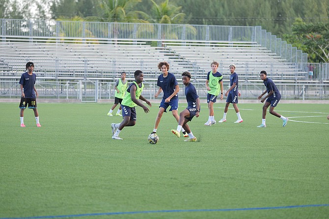 The Under-14 boys national soccer team members practice before travelling to represent The Bahamas at the CF Challenge Series Boys.
Photos: Chappel Whyms Jr.