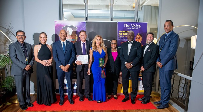 LEFT to Right: Dr Rohil Raghavan, CEO of Response Plus Medical (the largest EMS and pre-hospital care provider in United Arab Emirates), Ms. Eve Tomlinson, Honourable Myles Laroda,M.P. Minister of National Security, Mr. Robert Dupuch-Carron, Publisher of The Tribune and founder of Bahamas Aviation, Climate & Severe Weather Network, Mrs Elizabeth Dupuch-Carron, Dr. Debbie Bartlett, consultant, H.E. Andy Gomez, Bahamas High Commissioner to UK, Lloyd Embley former Group Editor-in-Chief of Daily Mirror and Express Newspapers and Mr Patrick Rollins, CEO of Bahamas Aviation, Climate & Severe Weather Network Ltd.