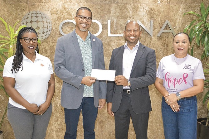 From left are Maxine V. Seymour, director of corporate communications, Colina Insurance Limited; Marcus Bosland, chief operating
officer, Colina; Terrance Gibson, head of country, CIBC Caribbean; and Antionette Fox, business analyst, managing director’s office,
CIBC FirstCaribbean.