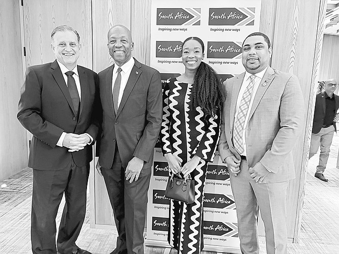 From left: BACSWN president Robert Dupuch-Carron, former Attorney General & Minister of Immigration, Alfred Sears, KC and his daughter Ife Bethel Sears, a key driver and panelist for inaugural South African-Bahamas breakfast roundtable, and BACSWN COO Michael Strachan during the 81st United Nation’s General Assembly High-Level week.