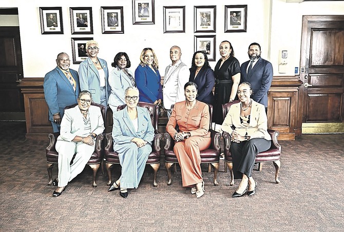 NIB BOARD – Seated L-R: Dr. Tami Francis - NIB’s Director, Michelle Pindling-Sands - Chairman, Minister Pia Glover-Rolle, M.P., Shakera Johnson – Deputy Chairman. Standing L-R: Dwayne Woods, Lisa Turnquest, Amancha Williams, Theressa Thompson, Tim Ingraham, Suzette Moss,Rozalia Bowe, and Don Williams (not pictured: Avrom Thompson)