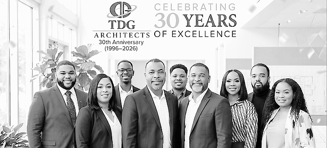 FROM L to R: Back Row: Chadero Sealy, architectural designer; Preston Rolle, architectural designer; Kenyon Osborne, licensed architect and interior design associate; Trevor Fawkes, architectural designer. Front Row: Amanda Neely, office administrator; Carlos Hepburn, principal and lead architect; Marcus Laing, junior principal and licensed architect; Theshala Mills, licensed architect; Lyndira Fowler, interior design associate.