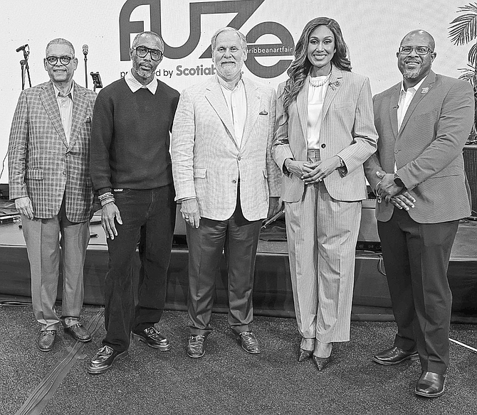 From left: Robert Sands, Senior Vice President Baha Mar; John Cox, Vice President Art, Baha Mar; Graeme Davis, President and CEO, Baha Mar; Leslia Brice; Minister of Culture, Arts and Heritage; Roger Archer, Vice President and Country Head, Scotiabank