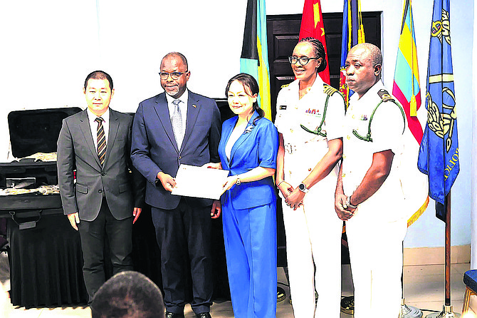 The Royal Bahamas Police Force received a donation of musical instruments from the Chinese Embassy during a ceremony at the Police College on October 23. Among those attending were National Security Minister Wayne Munroe, Chinese Ambassador Yan Jiarong, RBPF Band Director Chief Supt Whitney Bastian, Acting RBDF Commodore Captain Sonia Natasha Miller, ASP Cory Hield and Canon Stephen Davies.
Photos: Nikia Charlton