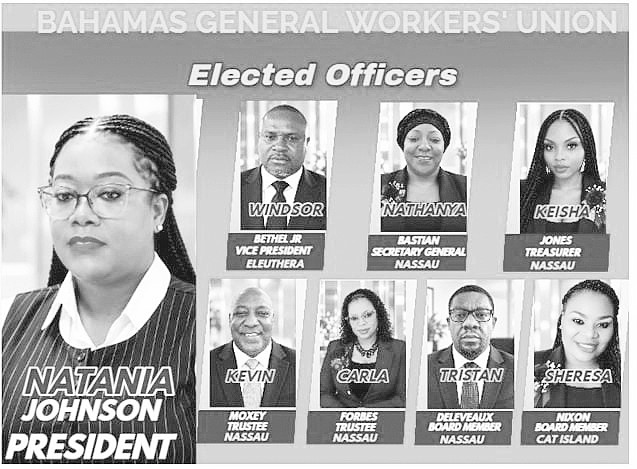 FLYER showing the new slate elected officers for the Bahamas General Workers Union led by newly elected president Natania Johnson.