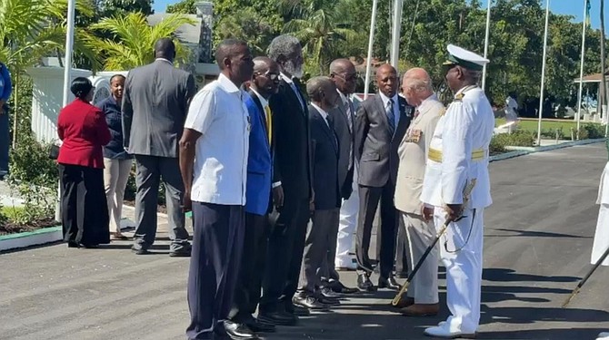 HMBS Flamingo survivor and retired RBDF Captain speaks with King Charles III yesterday as the king toured the Defence Force’s Coral Harbour Base.
Photo: Jade Russell/Tribune Staff Reporter