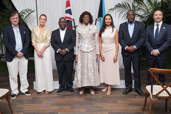 From left: Chairman and Chief Executive of The John Gore Organisation John Gore, India Hicks, Prime Minister Philip ‘Brave’ Davis, Governor Genera Dame Cynthia ‘Mother’ Pratt, British High Commissioner to The Bahamas Smita Rossetti, Minister of Youth and Sports Mario Bowleg and British-born Bahamian investor and philanthropist Nick Maughan.